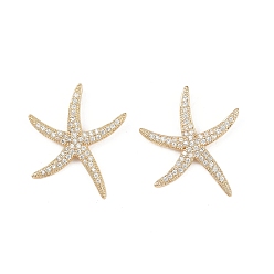 Настоящее золото 18K Латунные микропаве прозрачные подвески с фианитом, без кадмия, без никеля и без свинца, морская звезда, реальный 18 k позолоченный, 24x20.5x4 мм, отверстие : 1.6 мм