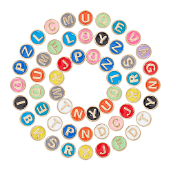 Light Gold Alloy Enamel Beads, Cadmium Free & Nickel Free & Lead Free, Flat Round with Initial Letters, Light Gold, 8x4mm, Hole: 1.5mm, 26 letters, 2pcs/letter, 52pcs/box