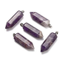 Amethyst Natural Amethyst Pendants, Hexagon Charms, with 304 Stainless Steel Snap on Bails, Stainless Steel Color, 49~51x13~14x15~16mm, Hole: 7.5x4mm