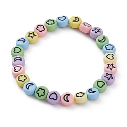 Colorful Kid Bracelets, Opaque Acrylic Enamel Beads Stretch Bracelets, Flat Round with Moon & Heart & Flower Pattern, Colorful, Inner Diameter: 2 inch(5cm)
