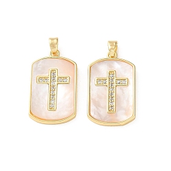 Real 18K Gold Plated Brass Pendants, with White Shell, Rectangle with Cross Charms, Cadmium Free & Lead Free, Rack Plating, Long-Lasting Plated, Real 18K Gold Plated, 25.5x15x2.5mm, Hole: 4.5x3mm