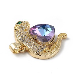 Plum Real 18K Gold Plated Rack Plating Brass Micro Pave Clear Cubic Zirconia Pendants, with Glass, Long-Lasting Plated, Cadmium Free & Lead Free, Leopard with Heart Charm, Plum, 24.5x25x8.2mm, Hole: 5x3.2mm