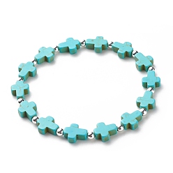 Turquoise Synthetic Turquoise(Dyed) Cross Beaded Stretch Bracelet, Religion Gemstone Jewelry for Women, Turquoise(Dyed), Inner Diameter: 2-1/4 inch(5.6cm)
