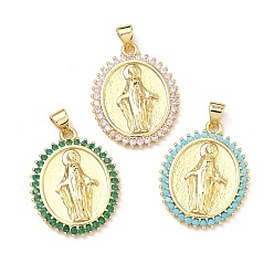 (52) Непрозрачная лаванда Латунные микро проложить кубического циркония подвески, овал с подвесками Девы Марии, долговечный, без кадмия и без свинца, реальный 18 k позолоченный, разноцветные, 26x20x3 мм, отверстие : 4x3 мм