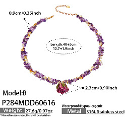 Cerise Resin Dried Flower Pendant Natural Amethyst Chip Beaded Necklaces for Women, with 316L Surgical Stainless Steel End Chains, Golden, Cerise, 15.75 inch(40cm), pendant: 23mm