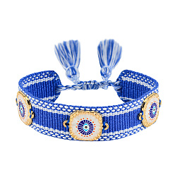 Королевский синий Регулируемые браслеты-слайдеры из полиэстера, сплава, смолы, эмали и стразов, украшенные символом «злого глаза»., браслеты макраме для женщин, с кистями, королевский синий, 5.91~9.45 дюйм (15~24 см)