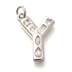 Letter Y Латунные микропаве прозрачные подвески с фианитом, с целью перехода в кольце, без свинца и без кадмия, долговечный, стойки покрытие, письмо амулеты, платина, Письмо Y, 19x14.5x2.7 мм, Перейти кольцо: 5x1 мм, 3 mm внутреннего диаметра.