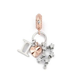 Близнецы Латунные подвески с кубическим цирконием европейские бусины, двенадцать созвездий, Близнецы, 29.5~35.5 мм