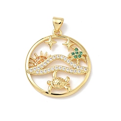 Turtle Латунные микро проложить кубического циркония подвески, плоско-круглые, реальный 18 k позолоченный, черепаха, 28x25x3 мм, отверстие : 4.5x3.5 мм