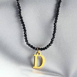 Letter D 304 подвеска из нержавеющей стали с инициалом, ожерелья из граненых круглых бусин черного стекла для женщин, золотые, Буква D, 15.35 дюйм (39 см)