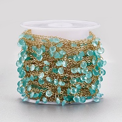 Turquoise Handmade Glass Beaded Chains, Soldered, with Spool, Brass Chain, Long-Lasting Plated, Golden, Turquoise, 4x2mm, about 32.8 Feet(10m)/roll