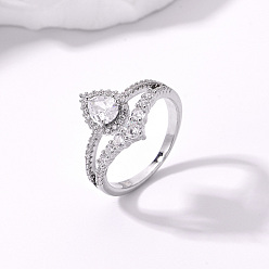 Серебро Латунные кольца с микропаве из кубического циркония, двухслойные, слеза, серебряные, слеза: 14 мм, размер США 8 (18.1 мм)