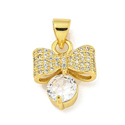 Настоящее золото 18K Подвеска с бантом из латуни, прозрачный кубический цирконий, без кадмия и без свинца, реальный 18 k позолоченный, 15x12.5x5.5 мм, отверстие : 4.5x3.5 мм