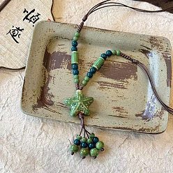 Lime Green Bohemian Handmade Porcelain Star Pendant Adjustable Imitation Leather Cord Long Necklaces for Women, Lime Green, 19.69~27.56 inch(50~70cm)