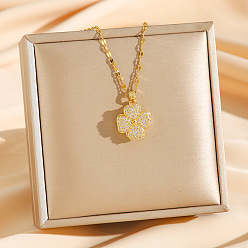 Клевер Латунные хрустальные вращающиеся подвески-ожерелья со стразами, 304 из нержавеющей стали цепи ожерелья, золотые, клевер, 15.59 дюйм (39.6 см)