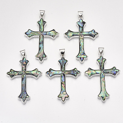 Разноцветный Раковины ушка / ракушка большие кулоны, со сплавочной фурнитурой, крестик, платина, красочный, 68.5x47x4 мм, отверстие : 8x6 мм