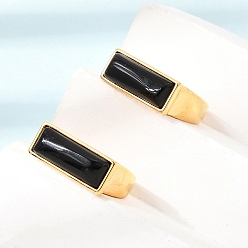Black Agate Brass with Natural Black Agate Cuff Open Rings for Women, Lead Free & Cadmium Free, Rectangle, Ion Plating(IP), 17mm