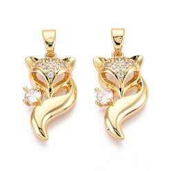 Настоящее золото 18K Латунные микропаве прозрачные подвески с фианитом, лиса, без никеля , реальный 18 k позолоченный, 21x11.5x4 мм, отверстие : 2~2.5 мм