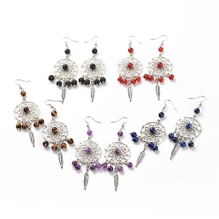 Mixed Stone Natural Gemstone Woven Net with Feather Dangle Earrings, Brass Jewelry for Women, 53mm, Pin: 0.7mm
