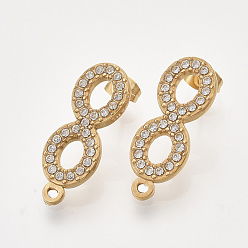 Crystal 304 Stainless Steel Stud Earring Findings, with Rhinestone, Loop and Ear Nuts/Earring Backs, Infinity, Golden, Crystal, 26.5x10x2mm, Hole: 1.5mm, Pin: 0.8mm