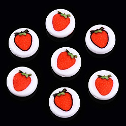 Клубника Непрозрачные акриловые бусины, плоский круглый с рисунком фруктов, Клубничный узор, 11x4 мм, отверстие : 1.5 мм