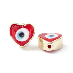Red Handmade Evil Eye Lampwork Beads, with Brass Findings, Lead Free & Cadmium Free, Long-Lasting Plated, Heart, Red, 11~11.5x12~12.5x5.5~6mm, Hole: 1.5mm