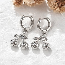 Платина Латунные серьги-кольца с вишней, без свинца и без кадмия, долговечный, стойки покрытие, платина, 36.5x18.5 мм