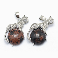 Красный Обсидиан Натурального красного дерева обсидиана подвески, со сплавочной фурнитурой, леопард, платина, 33.5x20x7 мм, отверстие : 4x6 мм