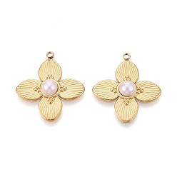 Настоящее золото 18K 304 подвески из нержавеющей стали, с ABS имитации жемчуга, цветочный шарм, ионное покрытие (ip), реальный 18 k позолоченный, 23x20.5x4 мм, отверстие : 1.5 мм