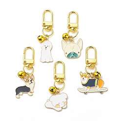 Mixed Color Enamel Dog Brass Bell Pendant Decorations, Alloy Swivel Clasps Charms, for Keychain, Purse, Backpack Ornament, Mixed Color, 56~63mm, 5 styles, 1pc/style, 5pcs/set