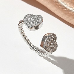 Платина Открытые кольца манжеты из латуни с микропаве и кубическим цирконием, сердце, без кадмия и без свинца, стойки покрытие, долговечный, платина, 9 мм, внутренний диаметр: 17 мм