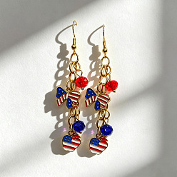 Pomme Boucles d'oreilles pendantes en alliage, émail et verre, pour la fête de l'indépendance, or, rouge blanc et bleu, pomme, 50mm
