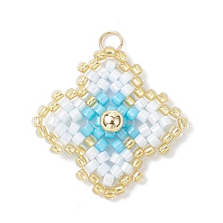 Светло-Синий Подвески ручной работы из стеклянного бисера с узором в виде четырехлистника, с 304 петлей из нержавеющей стали, голубой, 24.5~25x24~25x5.5 мм, отверстие : 3 мм