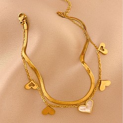 Золотой Кисточка в форме сердца 304 двухслойные браслеты на ногу из нержавеющей стали с натуральным белым ракушечным узором для женщин, золотые, 7-7/8 дюйм (200 мм)