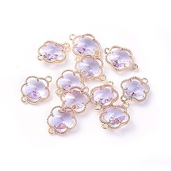 Lilac Glass Links connectors, with Eco-Friendly Alloy Open Back Berzel Findings, Faceted, Flower, Light Gold, Lilac, 15.5x12x4mm, Hole: 1.4mm
