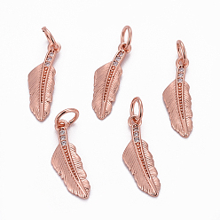 Rose Gold Brass Pendants, with Cubic Zirconia, Feather, Clear, Rose Gold, 17x5x1mm, Hole: 3.5mm