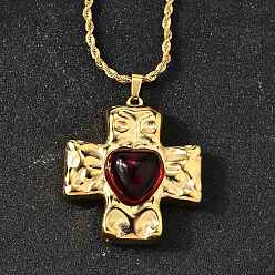 Темно-Красный Крест с сердцем 304 подвеска из нержавеющей стали с кубическим цирконием, реальный 18 k позолоченный, темно-красный, 20.04 дюйм (50.9 см)