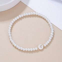 Letter P Пластиковые жемчужные круглые бусины эластичные браслеты для женщин, буквы, белые, золотые, Письмо P, 7-1/4~7-1/2 дюйм (18.5~19 см)