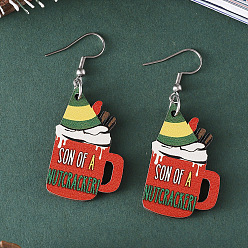 Индийский Красный Деревянные болтаться серьги, чашка с рождественской шапкой, платина, Индийская красная, 55x23 мм