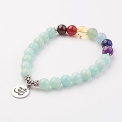 Antique Silver Mixed Natural Gemstone Bead Stretch Bracelets, with Stainless Steel Pendants, Flat Round, Antique Silver, 2-1/4 inch(55mm)