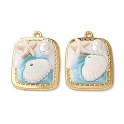 Небесно-голубой Подвески из эмали и сплава, прямоугольник с подвесками в форме морской звезды и керамической ракушки, с ABS имитации жемчуга, стойки покрытие, золотой свет, голубой, 30x22x6.5 мм, отверстие : 1.8 мм