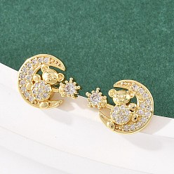 Луна Серьги-гвоздики из латунного микро-паве, долговечная тарелка, стойки покрытие, без свинца и без кадмия, реальный 18 k позолоченный, луна, 10.5x13 мм