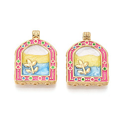 Темно-Розовый 304 нержавеющей стальной эмали подвески, арка с цветком, ионное покрытие (ip), реальный 18 k позолоченный, темно-розовыми, 30x21.5x5 мм, отверстие : 3 мм