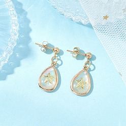 Звезда Серьги-гвоздики в форме капли из натуральной латуни с ракушкой пауа, золотые, звезда, 27x11.5 мм