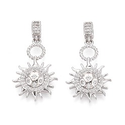 Платина Латунные микропаве прозрачные подвески с фианитом, солнечные чары, платина, 26x17x3.5 мм, отверстие : 4x2 мм