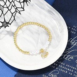 Настоящее золото 18K Браслеты с подвесками из латуни с микропаве из кубического циркония для женщин, с пластиковой жемчужины, сердце, реальный 18 k позолоченный, внутренний диаметр: 2-1/8 дюйм (5.5 см), подвески: 11.5x14x3 мм