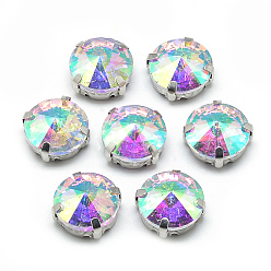 Прозрачный АВ Шить на горный хрусталь, многожильных ссылки, стекло горный хрусталь, с настройками латуни, аксессуары для одежды, граненые, плоско-круглые, платина, ясно AB, 13x7.5 мм, отверстие : 0.8~1 мм