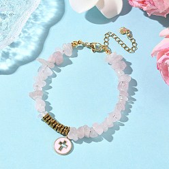 Розовый Кварц Браслеты из бусин с натуральным розовым кварцем и гальванизированным немагнитным синтетическим гематитом, браслеты с подвесками из сплава эмали для женщин, плоские круглые с крестом, 7-1/2 дюйм (19.2 см)