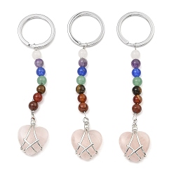 Rose Quartz Natural Rose Quartz Heart Keychain, with Chakra Gemstone Bead and Platinum Tone Rack Plating Brass Findings, 10.5cm