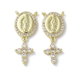 Настоящее золото 18K Стойки обшивки латунь кубического циркония подвески, без свинца и без кадмия, овальные с крестом, реальный 18 k позолоченный, 25x10x2.5 мм, отверстие : 1 мм